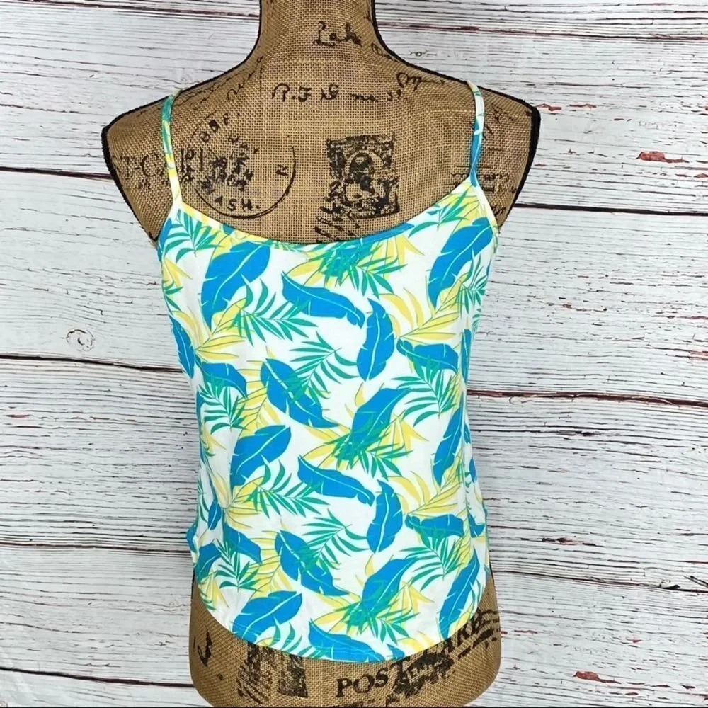 Poof Leafy Palm Print Tie‎ Front Strappy Neckline Tank Top Green Yellow Large